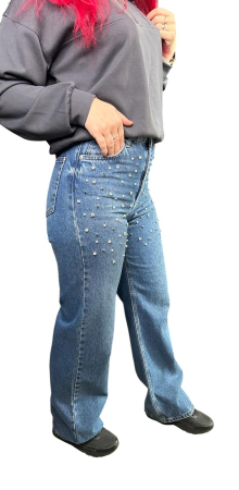 Blugi / Pantaloni - Blugi Dama, Croiala Mom-Fit, Decorati Cu Diamante, Albastru