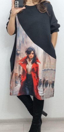 Rochii / Fuste - Rochie midi cu mânecă lungă, buzunar și imprimeu woman