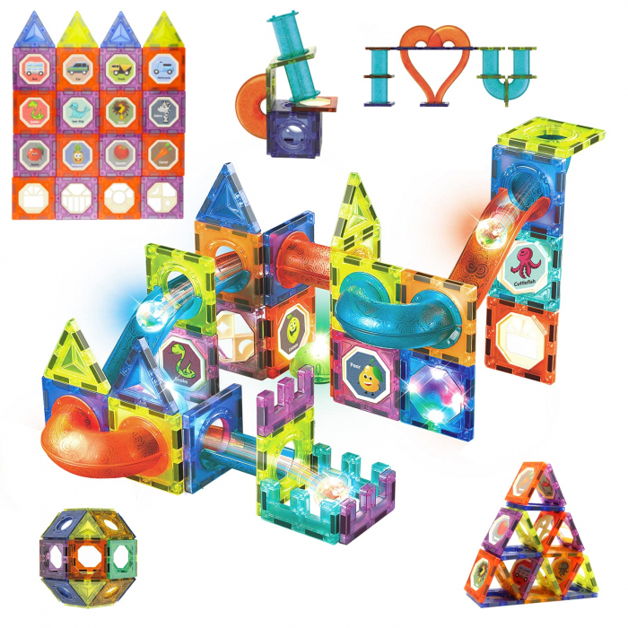 Set de Constructie Giftry, Magnetic Tiles 3D, jucarii luminoase STEM, baieti si fete, 110 Piese, 3 ani + [4]
