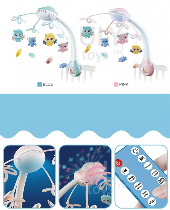 Carusel Muzical pentru patut, interactiv, Rotire 360°, sunete, lumini, proiector, telecomanda, +0 luni, Bleu [9]