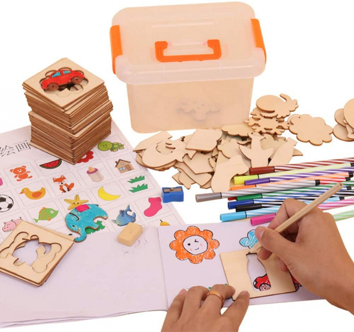 Set de sabloane pentru colorat din lemn, 50 de tipare si decupaje de desen, jucarii educative creative, fete si baieti, 3 ani+ [1]