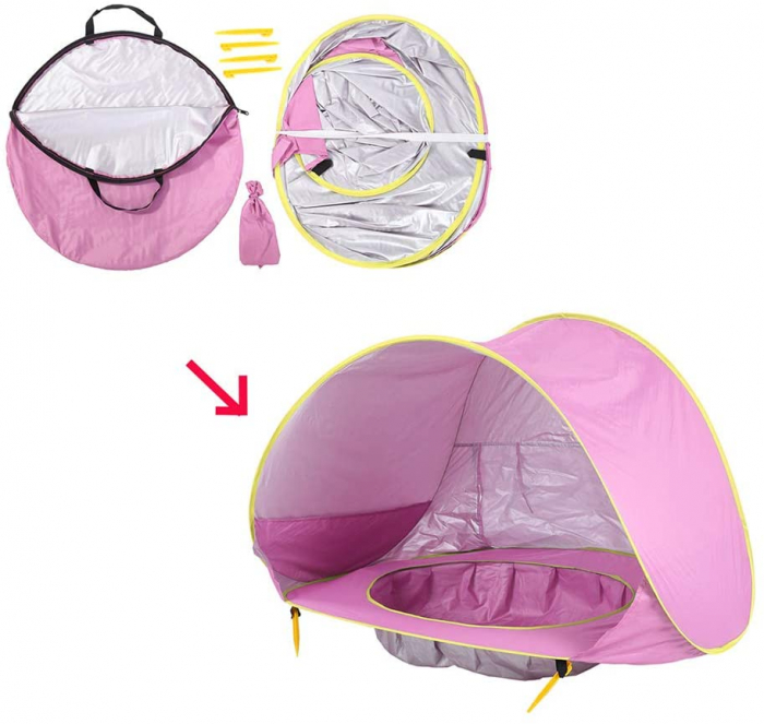 Cort portabil de vara impermeabil pentru bebelusi, cu piscina, protectie UV UPF 50+, copii 3-48 de luni, (roz) [3]