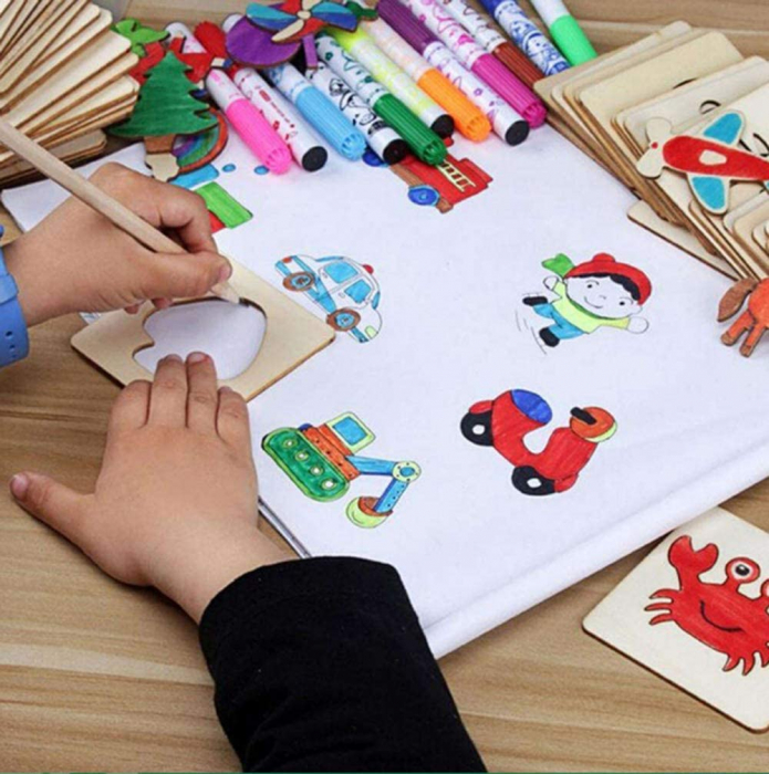 Set de sabloane pentru colorat din lemn, 50 de tipare si decupaje de desen, jucarii educative creative, fete si baieti, 3 ani+ [5]