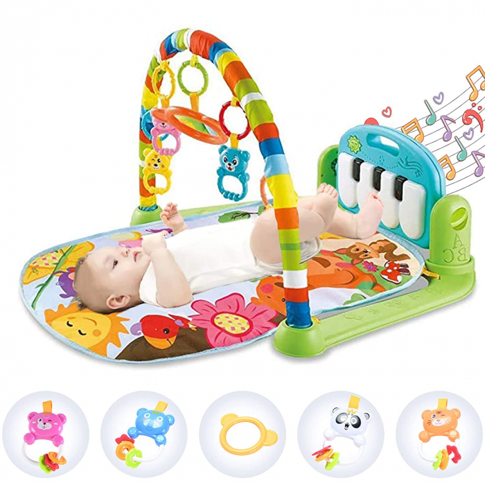 Saltea de activitati pentru bebelusi, centru multifunctional 4 in 1, interactiv,5 jucarii senzoriale, baieti si fete, verde [13]