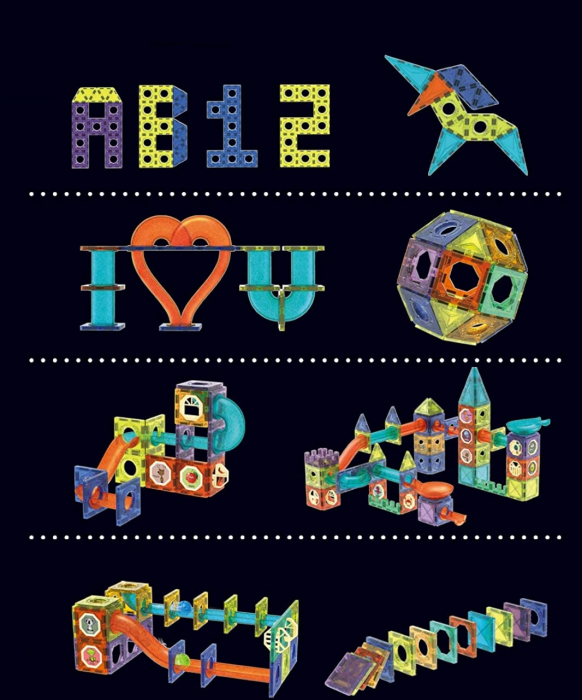 Set de Constructie Giftry, Magnetic Tiles 3D, jucarii luminoase STEM, baieti si fete, 110 Piese, 3 ani + [12]