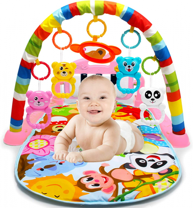 Saltea de activitati pentru bebelusi, centru multifunctional 4 in 1, interactiv,5 jucarii senzoriale, baieti si fete, roz [4]