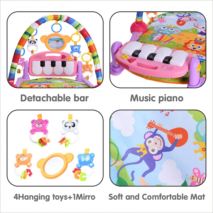 Saltea de activitati pentru bebelusi, centru multifunctional 4 in 1, interactiv,5 jucarii senzoriale, baieti si fete, roz [5]