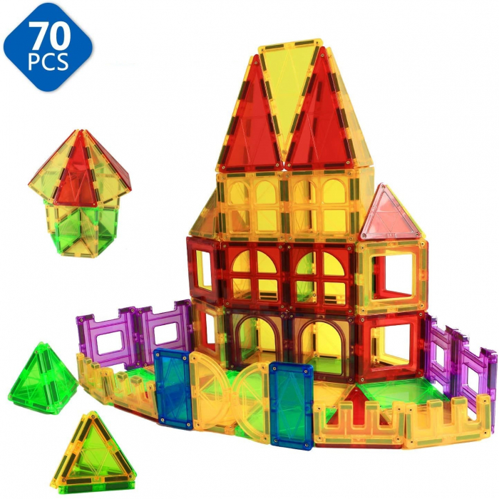 Set de Constructie Giftry, Magnetic Tiles 3D, jucarii educationale STEM, Cadou baieti si fete, 70 Piese, Multicolor, 3 ani + [9]