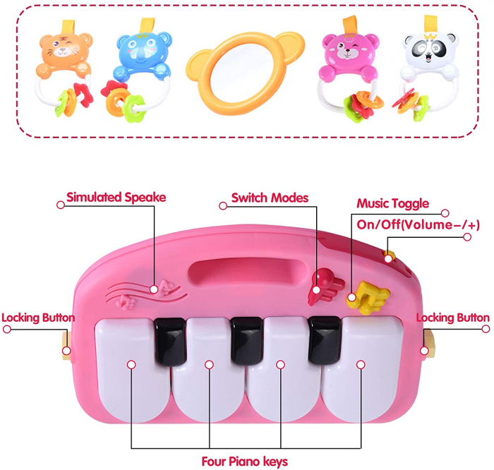 Saltea de activitati pentru bebelusi, centru multifunctional 4 in 1, interactiv,5 jucarii senzoriale, baieti si fete, roz [6]