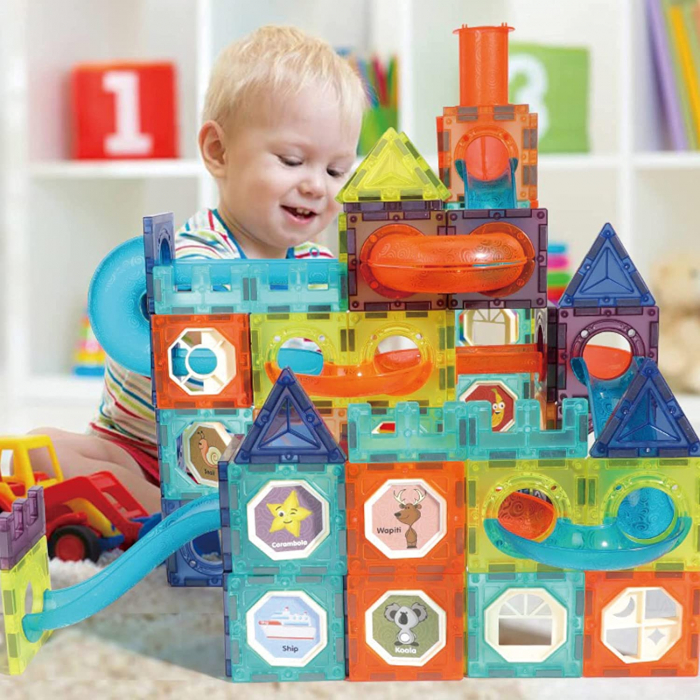 Set de Constructie Giftry, Magnetic Tiles 3D, jucarii luminoase STEM, baieti si fete, 110 Piese, 3 ani + [11]