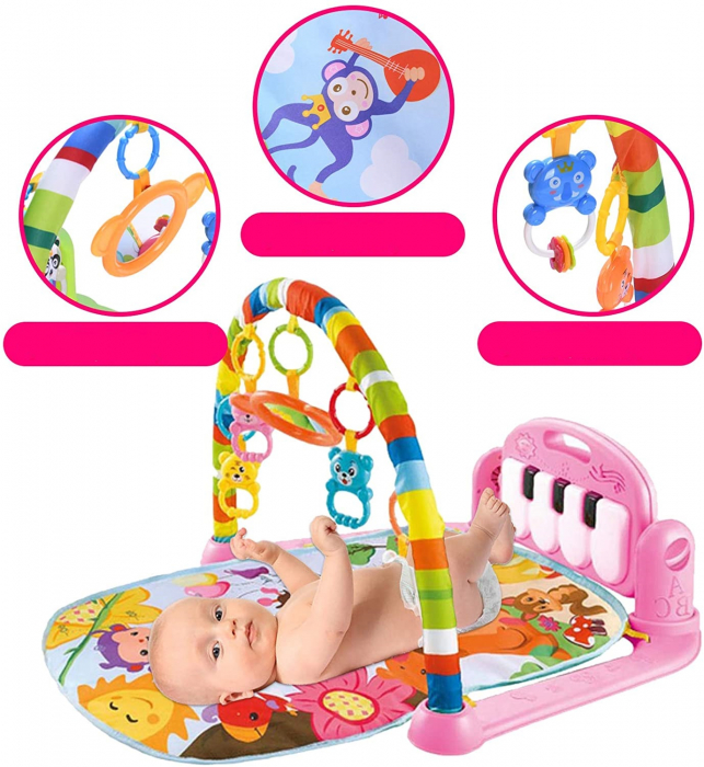 Saltea de activitati pentru bebelusi, centru multifunctional 4 in 1, interactiv,5 jucarii senzoriale, baieti si fete, roz [7]
