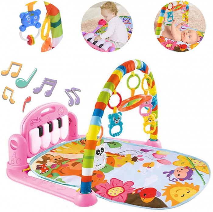 Saltea de activitati pentru bebelusi, centru multifunctional 4 in 1, interactiv,5 jucarii senzoriale, baieti si fete, roz [1]