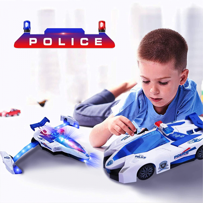 Jucarie masina politie, cu sunete si lumini, transformabila in avion, cadou copii, baieti si fete, model masina de teren, alb/albastru, +3 ani [2]