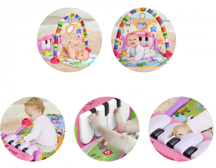 Saltea de activitati pentru bebelusi, centru multifunctional 4 in 1, interactiv,5 jucarii senzoriale, baieti si fete, roz [8]