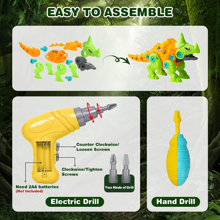 Set de constructie Giftry, asamblare 4 dinozauri , jucarie educationala STEM, bormasina electrica, 3 ani + [10]