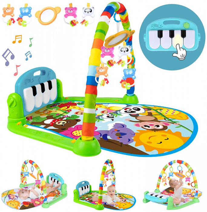 Saltea de activitati pentru bebelusi, centru multifunctional 4 in 1, interactiv,5 jucarii senzoriale, baieti si fete, verde [8]