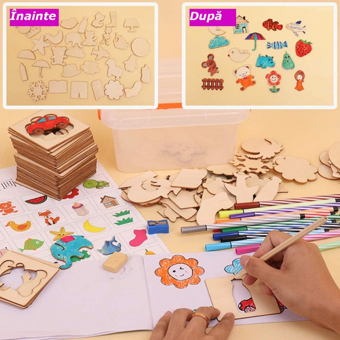 Set de sabloane pentru colorat din lemn, 50 de tipare si decupaje de desen, jucarii educative creative, fete si baieti, 3 ani+ [4]