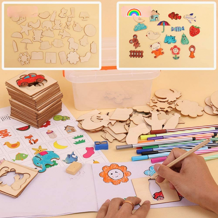 Set de sabloane pentru colorat din lemn, 50 de tipare si decupaje de desen, jucarii educative creative, fete si baieti, 3 ani+ [8]
