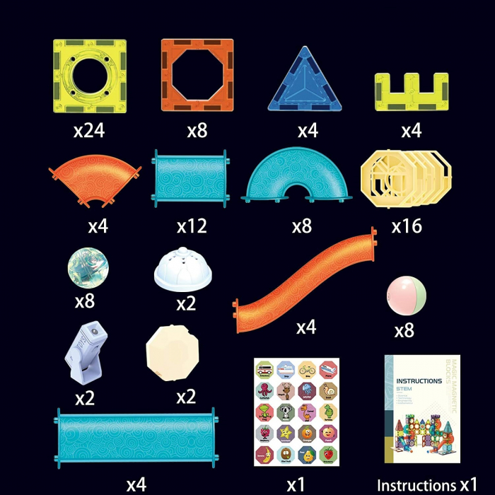 Set de Constructie Giftry, Magnetic Tiles 3D, jucarii luminoase STEM, baieti si fete, 110 Piese, 3 ani + [10]