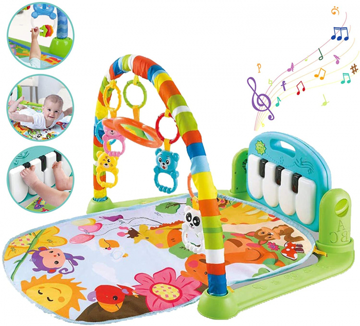 Saltea de activitati pentru bebelusi, centru multifunctional 4 in 1, interactiv,5 jucarii senzoriale, baieti si fete, verde [1]
