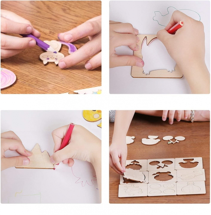 Set de sabloane pentru colorat din lemn, 50 de tipare si decupaje de desen, jucarii educative creative, fete si baieti, 3 ani+ [9]