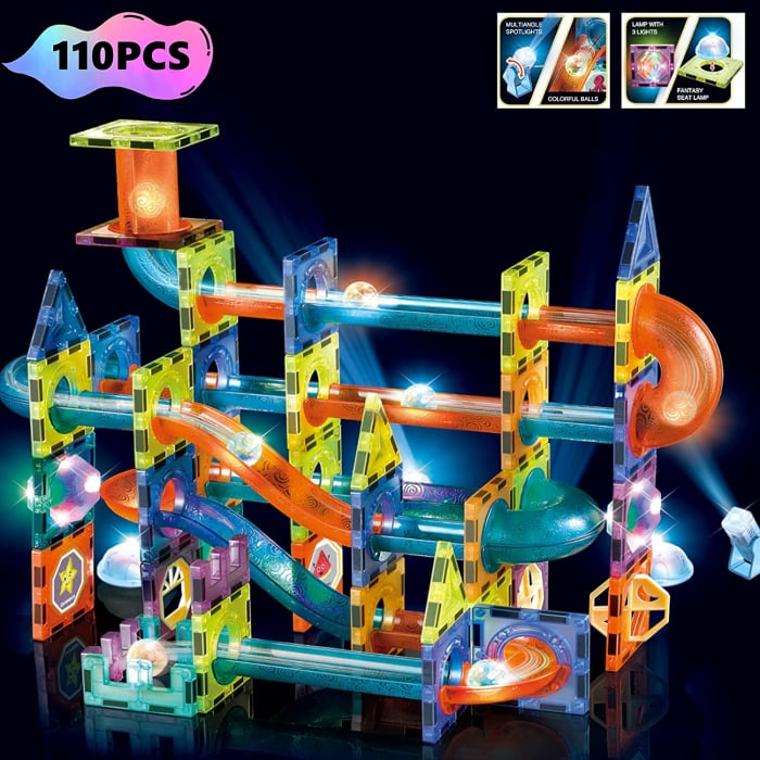 Set de Constructie Giftry, Magnetic Tiles 3D, jucarii luminoase STEM, baieti si fete, 110 Piese, 3 ani + [2]