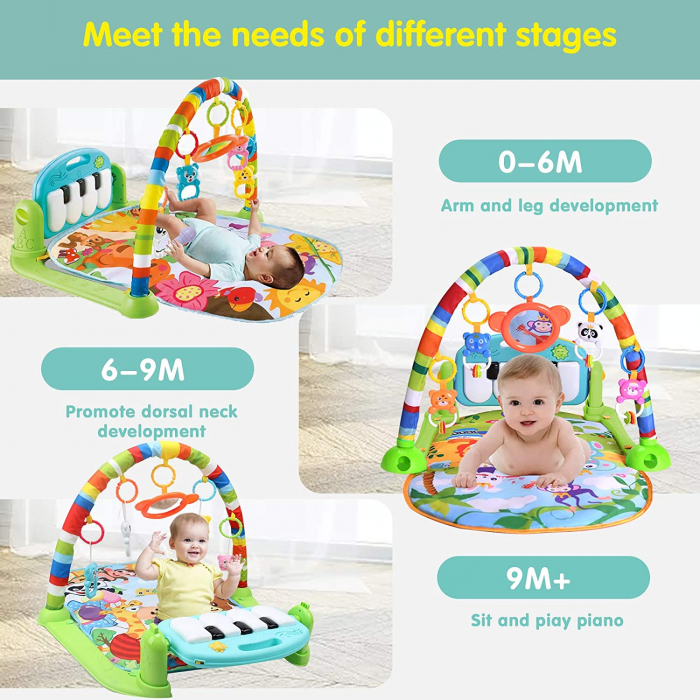Saltea de activitati pentru bebelusi, centru multifunctional 4 in 1, interactiv,5 jucarii senzoriale, baieti si fete, verde [12]