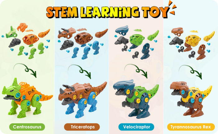 Set de constructie Giftry, asamblare 4 dinozauri , jucarie educationala STEM, bormasina electrica, 3 ani + [3]