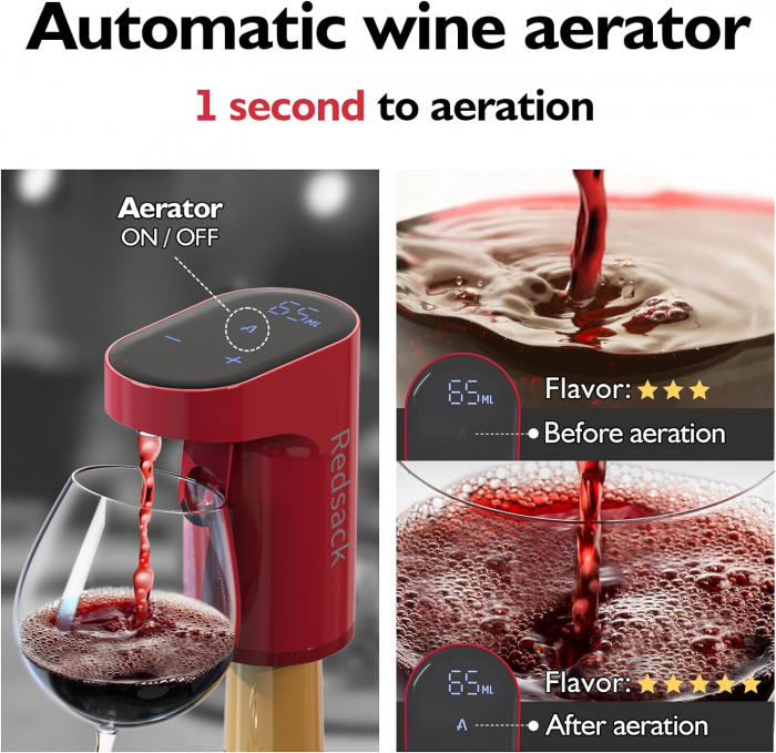 Aerator electric premium Giftry®, pentru vin, whisky, lichior, functie Decantor, Reincarcabil USB, portabil, design user-friendly, rosu [4]