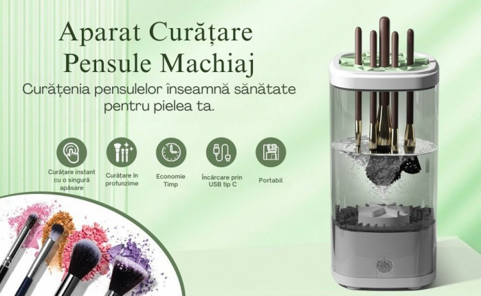 Aparat Electric Giftry® 3-in-1 pentru Curatare Pensule Machiaj – Curatare Ultrasonica 7000 RPM, Sterilizare UV, Uscare Rapida, Alb-Transparent, 7.6x7.6x16.2 cm, USB, gri [2]