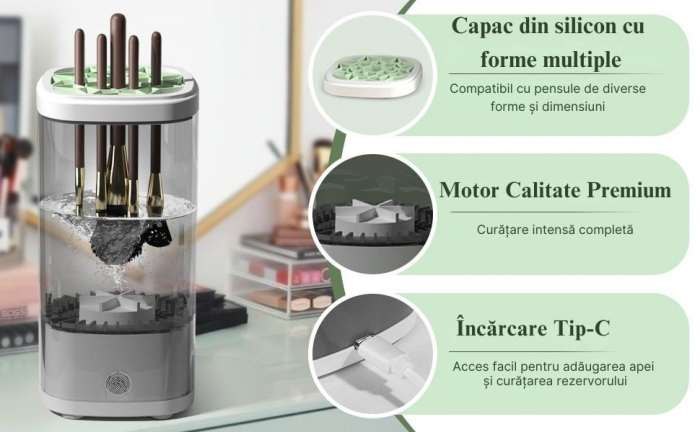 Aparat Electric Giftry® 3-in-1 pentru Curatare Pensule Machiaj – Curatare Ultrasonica 7000 RPM, Sterilizare UV, Uscare Rapida, Alb-Transparent, 7.6x7.6x16.2 cm, USB, gri [8]