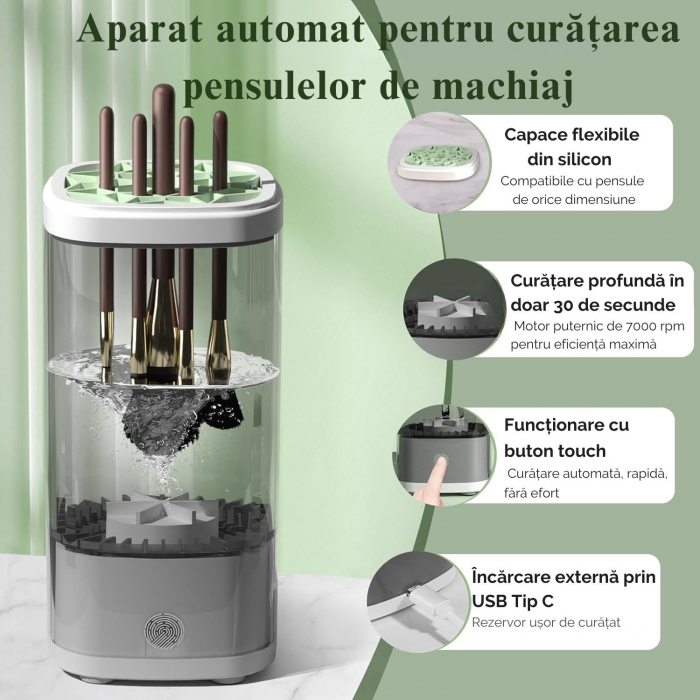 Aparat Electric Giftry® 3-in-1 pentru Curatare Pensule Machiaj – Curatare Ultrasonica 7000 RPM, Sterilizare UV, Uscare Rapida, Alb-Transparent, 7.6x7.6x16.2 cm, USB, gri [3]