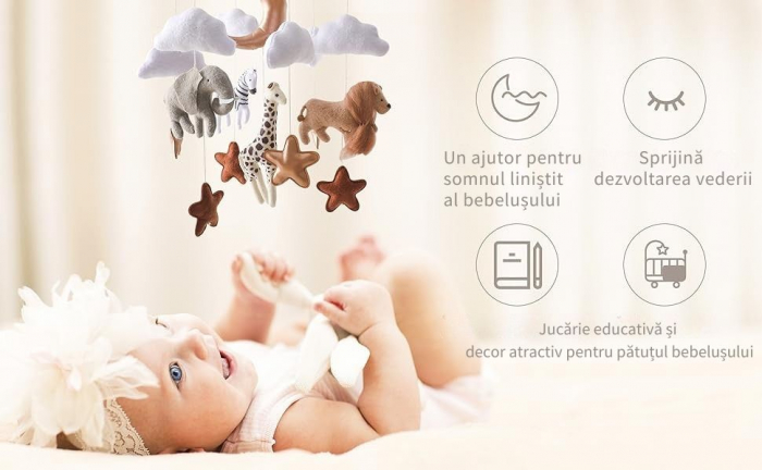 Carusel mobil Giftry® pentru patut bebelus, tematica Safari, textil/lemn, multicolor, cu nori, luna si stele, fara suport, cadou nou-nascut [7]