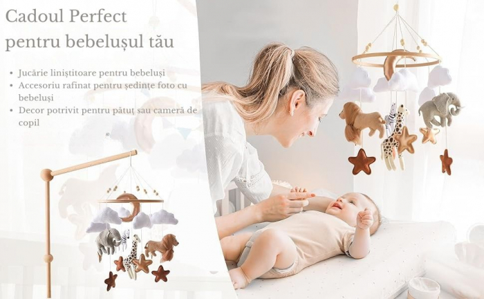 Carusel mobil Giftry® pentru patut bebelus, tematica Safari, textil/lemn, multicolor, cu nori, luna si stele, fara suport, cadou nou-nascut [8]