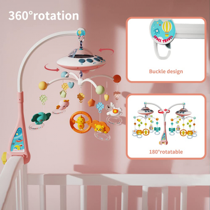 Carusel Muzical Giftry®, interactiv multifunctional, 108 sunete, lumini, proiector, telecomanda, +0 luni, nava spatiala, roz [3]