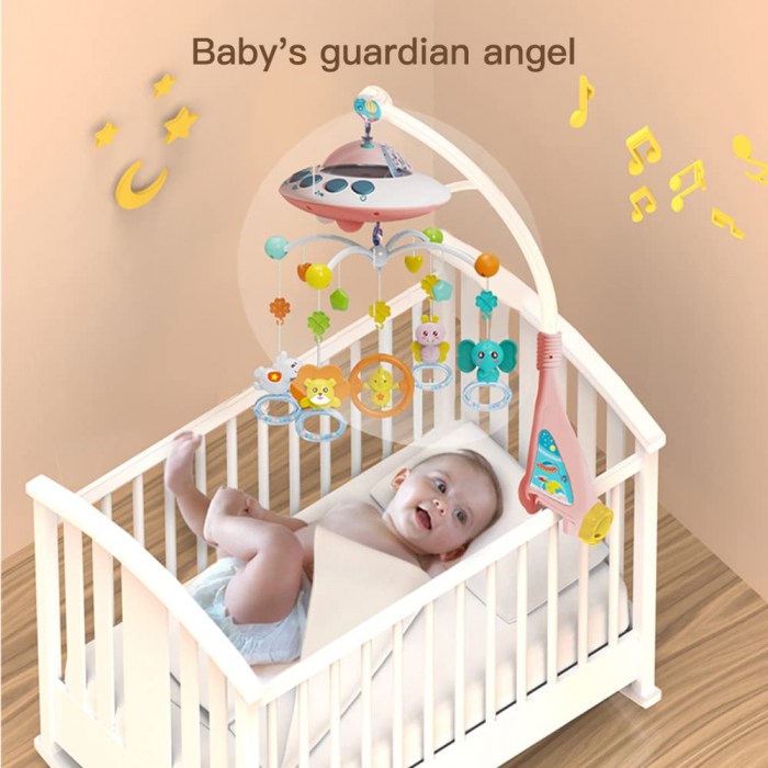 Carusel Muzical Giftry®, interactiv multifunctional, 108 sunete, lumini, proiector, telecomanda, +0 luni, nava spatiala, roz [4]