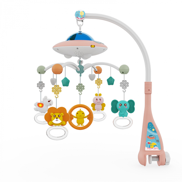 Carusel Muzical Giftry®, interactiv multifunctional, 108 sunete, lumini, proiector, telecomanda, +0 luni, nava spatiala, roz [2]