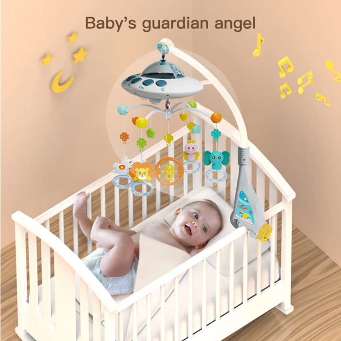Carusel Muzical Giftry®, interactiv multifunctional, 108 sunete, lumini, proiector, telecomanda, +0 luni, nava spatiala, bleu [5]