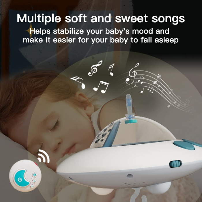 Carusel Muzical Giftry®, interactiv multifunctional, 108 sunete, lumini, proiector, telecomanda, +0 luni, nava spatiala, bleu [3]