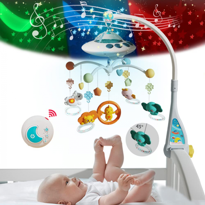 Carusel Muzical Giftry®, interactiv multifunctional, 108 sunete, lumini, proiector, telecomanda, +0 luni, nava spatiala, bleu [1]