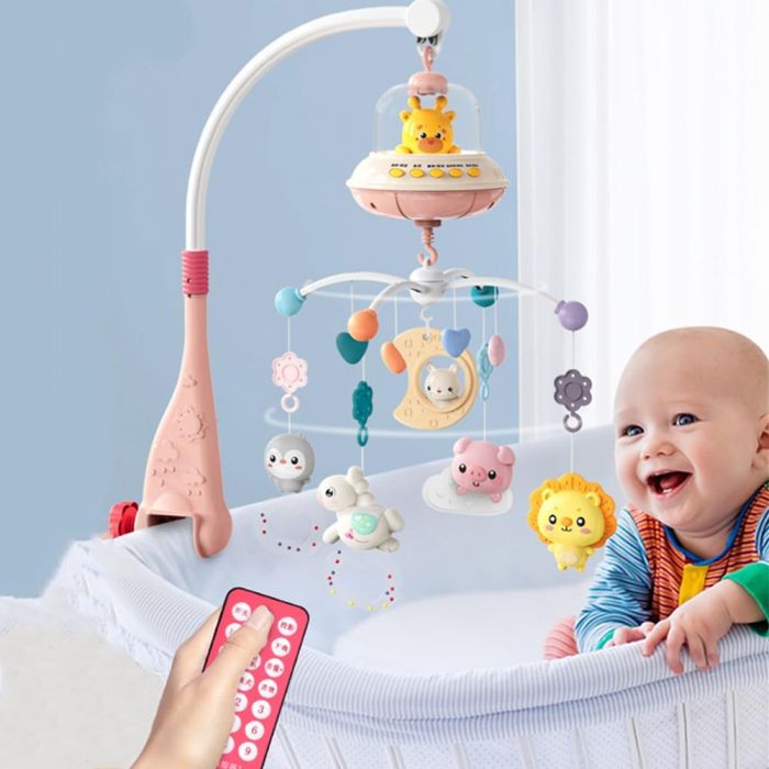 Carusel Muzical Giftry®, pentru patut, interactiv multifunctional, 5 jucarii senzoriale, Rotire 360°, sunete, lumini, proiector, telecomanda, +0 luni, model girafa, roz [6]