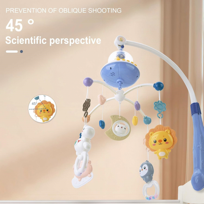 Carusel Muzical Giftry®, pentru patut, interactiv multifunctional, 5 jucarii senzoriale, Rotire 360°, sunete, lumini, proiector, telecomanda, +0 luni, model girafa, bleu [3]