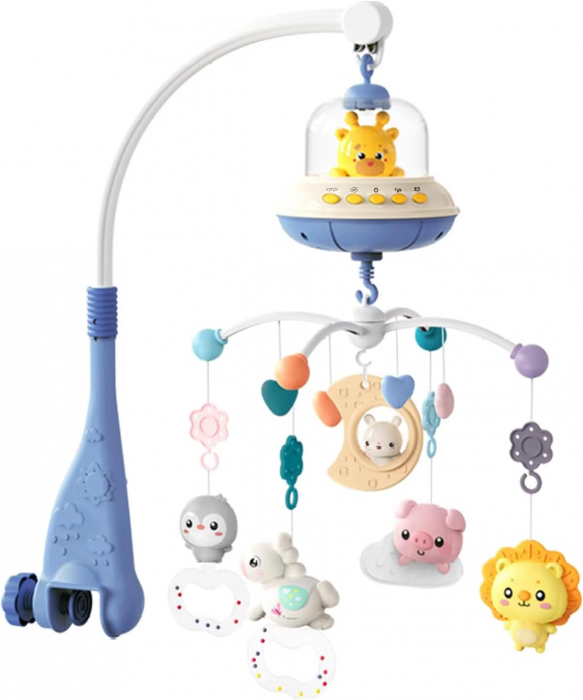 Carusel Muzical Giftry®, pentru patut, interactiv multifunctional, 5 jucarii senzoriale, Rotire 360°, sunete, lumini, proiector, telecomanda, +0 luni, model girafa, bleu [1]