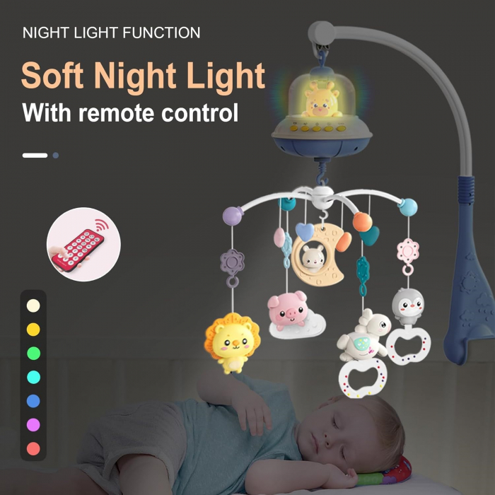 Carusel Muzical Giftry®, pentru patut, interactiv multifunctional, 5 jucarii senzoriale, Rotire 360°, sunete, lumini, proiector, telecomanda, +0 luni, model girafa, bleu [4]