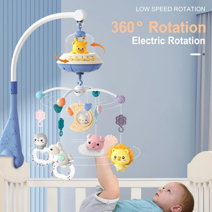 Carusel Muzical Giftry®, pentru patut, interactiv multifunctional, 5 jucarii senzoriale, Rotire 360°, sunete, lumini, proiector, telecomanda, +0 luni, model girafa, bleu [5]