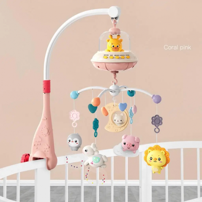 Carusel Muzical Giftry®, pentru patut, interactiv multifunctional, 5 jucarii senzoriale, Rotire 360°, sunete, lumini, proiector, telecomanda, +0 luni, model girafa, roz [4]