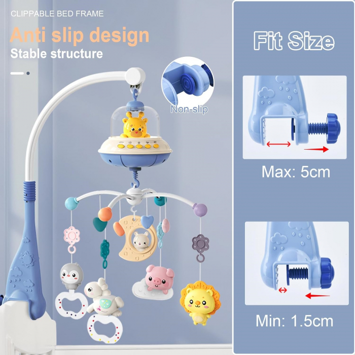 Carusel Muzical Giftry®, pentru patut, interactiv multifunctional, 5 jucarii senzoriale, Rotire 360°, sunete, lumini, proiector, telecomanda, +0 luni, model girafa, bleu [6]
