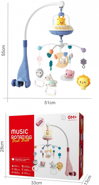 Carusel Muzical Giftry®, pentru patut, interactiv multifunctional, 5 jucarii senzoriale, Rotire 360°, sunete, lumini, proiector, telecomanda, +0 luni, model girafa, bleu [7]