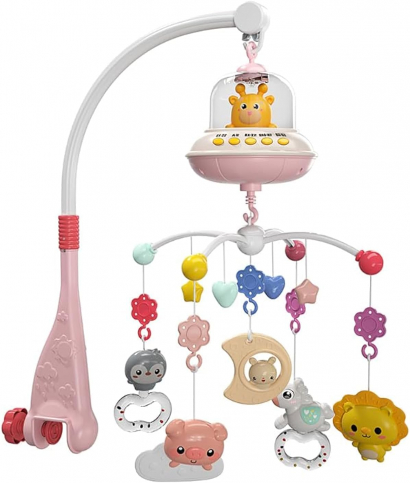 Carusel Muzical Giftry®, pentru patut, interactiv multifunctional, 5 jucarii senzoriale, Rotire 360°, sunete, lumini, proiector, telecomanda, +0 luni, model girafa, roz [1]