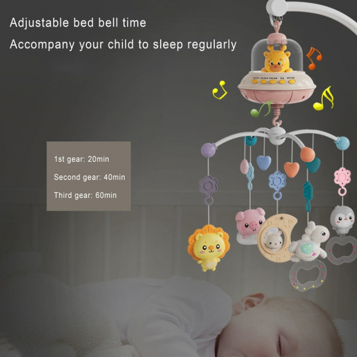 Carusel Muzical Giftry®, pentru patut, interactiv multifunctional, 5 jucarii senzoriale, Rotire 360°, sunete, lumini, proiector, telecomanda, +0 luni, model girafa, roz [5]